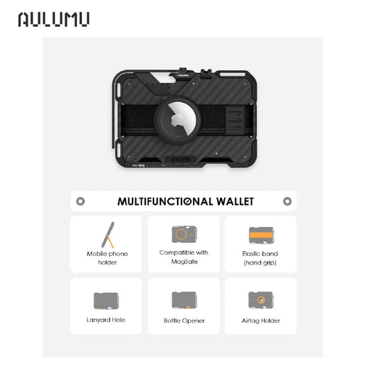 Aulumu G03 Men's Magnetic Carbon Fiber Black Wallet Card Case Compatible with MagSafe Multi Function Phone Stand Grip RFID Card