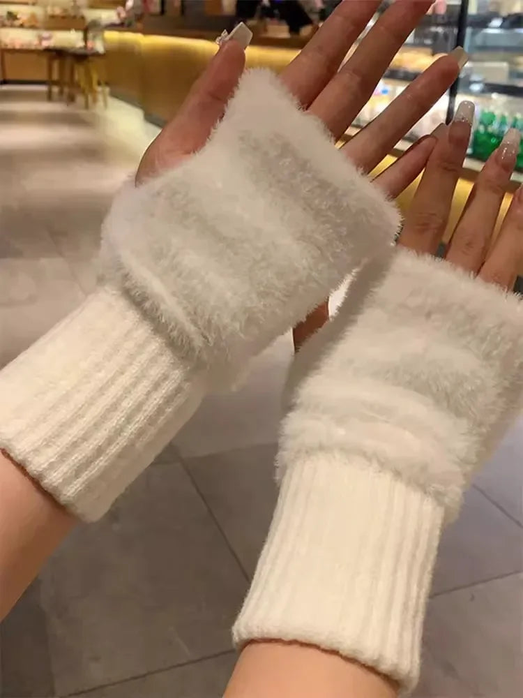 Mink Fleece Soft Winter Half Finger Gloves Women Warm Luxury Solid White Plush Knitted Fingerless Gloves Wrist Mittens Writting