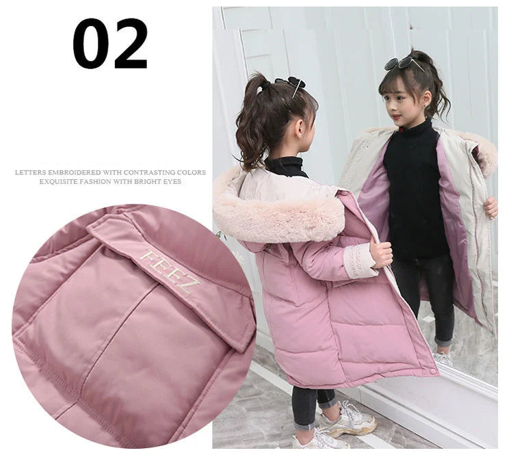 New Girls clothing Winter Warm down Cotton Jackets Children parka faux Fur Collar Coat Girl Thicken overalls Hooded kids Clothes