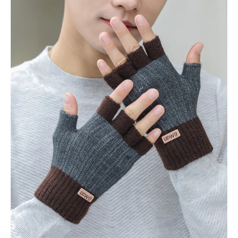 Men Winter Fingerless Half Finger Knitted Gloves Office Knitted Warm Exposed Finger Thick Gloves Elastic Driving Gloves