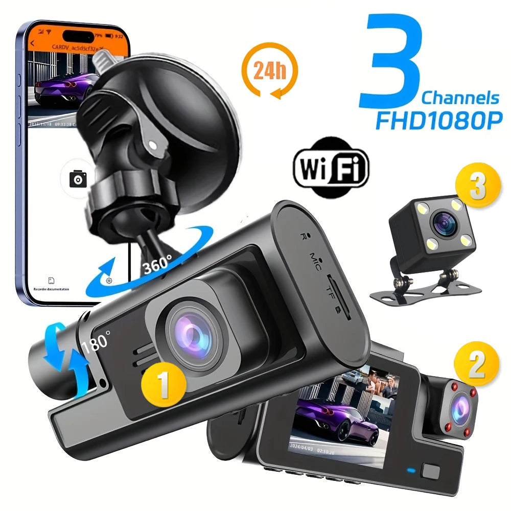 3 Channel WiFi Dash Cam Rear View Camera W/ IR Night Vision Loop Recording & 3" IPS Screen 1080P 3 Camera Car DVR car accessory