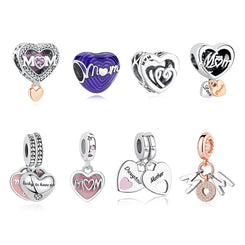 Original 925 Sterling Silver Charms Love Heart Mom Mother's Day Beads Pendant Fit Pandora Bracelets Necklaces Women DIY Jewelry