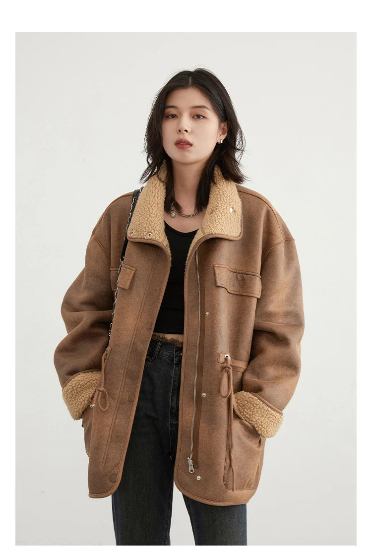 CHIC VEN Women's Jackets Thick Warm Solid Suede Reversible Jacket Motorcycle Outer Coat Loose Female Overcoat Winter Autumn 2023