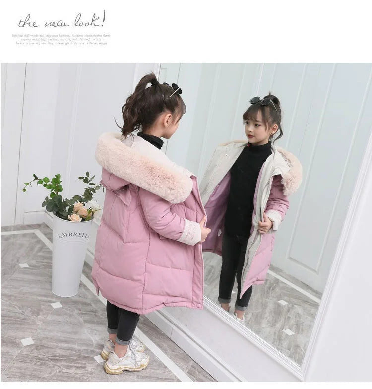 New Girls clothing Winter Warm down Cotton Jackets Children parka faux Fur Collar Coat Girl Thicken overalls Hooded kids Clothes