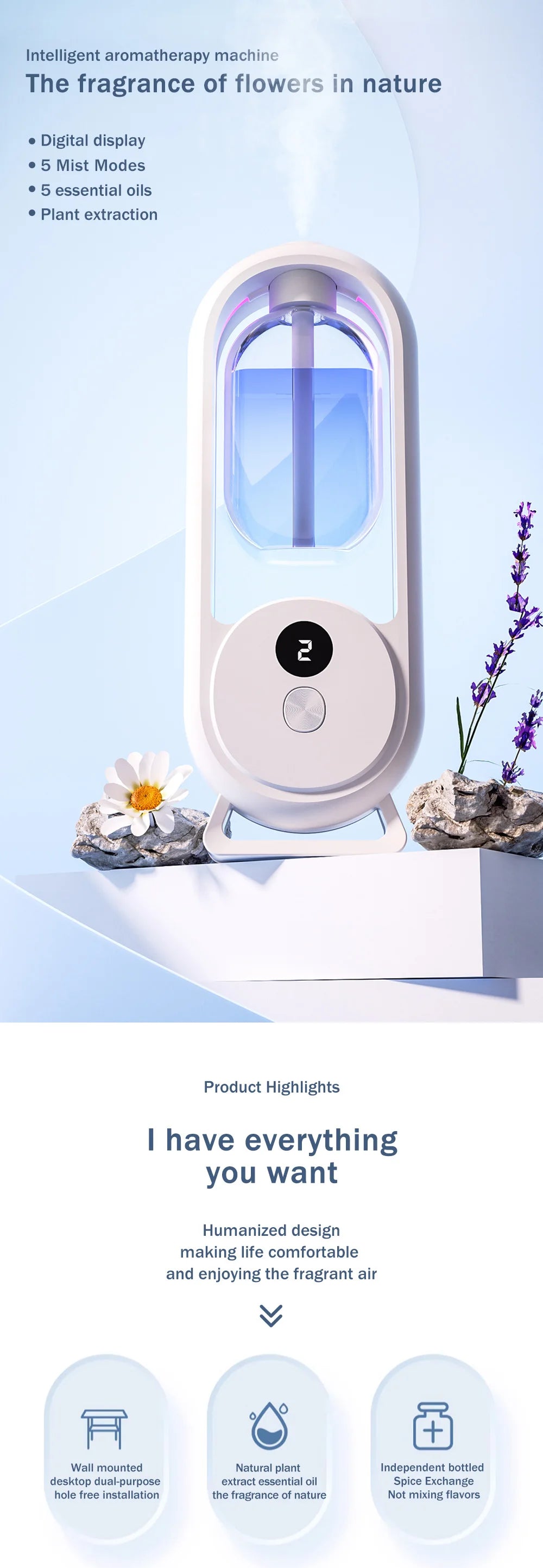 Rechargeable 5-mode aromatic diffuser essential oil aromatherapy machine timed air freshener bedroom living room bathroom