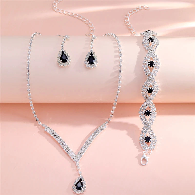 3 Pcs Luxury Rhinestone Bride Jewelry Set for Women Black Water Drop Crystal Earrings Wedding V Necklace Eye Bracelet Fashion