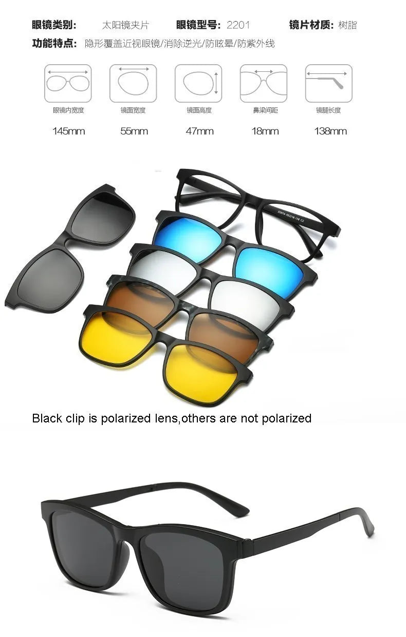 6 In 1 Custom Men Women Polarization Optical Magnetic Sunglasses Clip Magnet Clip on Sunglasses  Clip on Sun Glasses Frame