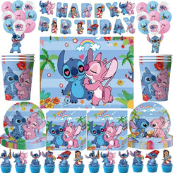 Disney Stitch Angel Theme Birthday Party Backdrop Decorations Baby Shower Paper Tableware Cup Plate Balloon Supplies Kids Gift