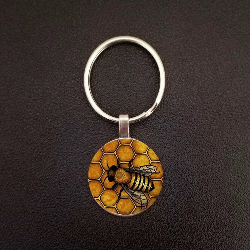 Bulbusbow Cute Insect Bee Keychain Fashion Geometric Honeycomb Honey Bee 3D Printed Glass Dome Key Ring Chain Bumble Bee Trinkets