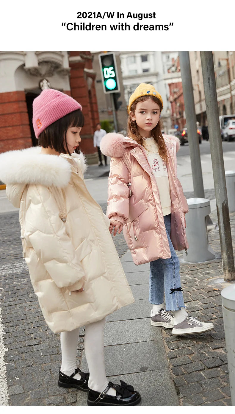 2024 Girl Winter Down Jacket Faux Fur Waterproof Hooded Long Girl Winter Outerwear Coat 5-16 Years Teenage Girl Parka Snowwear