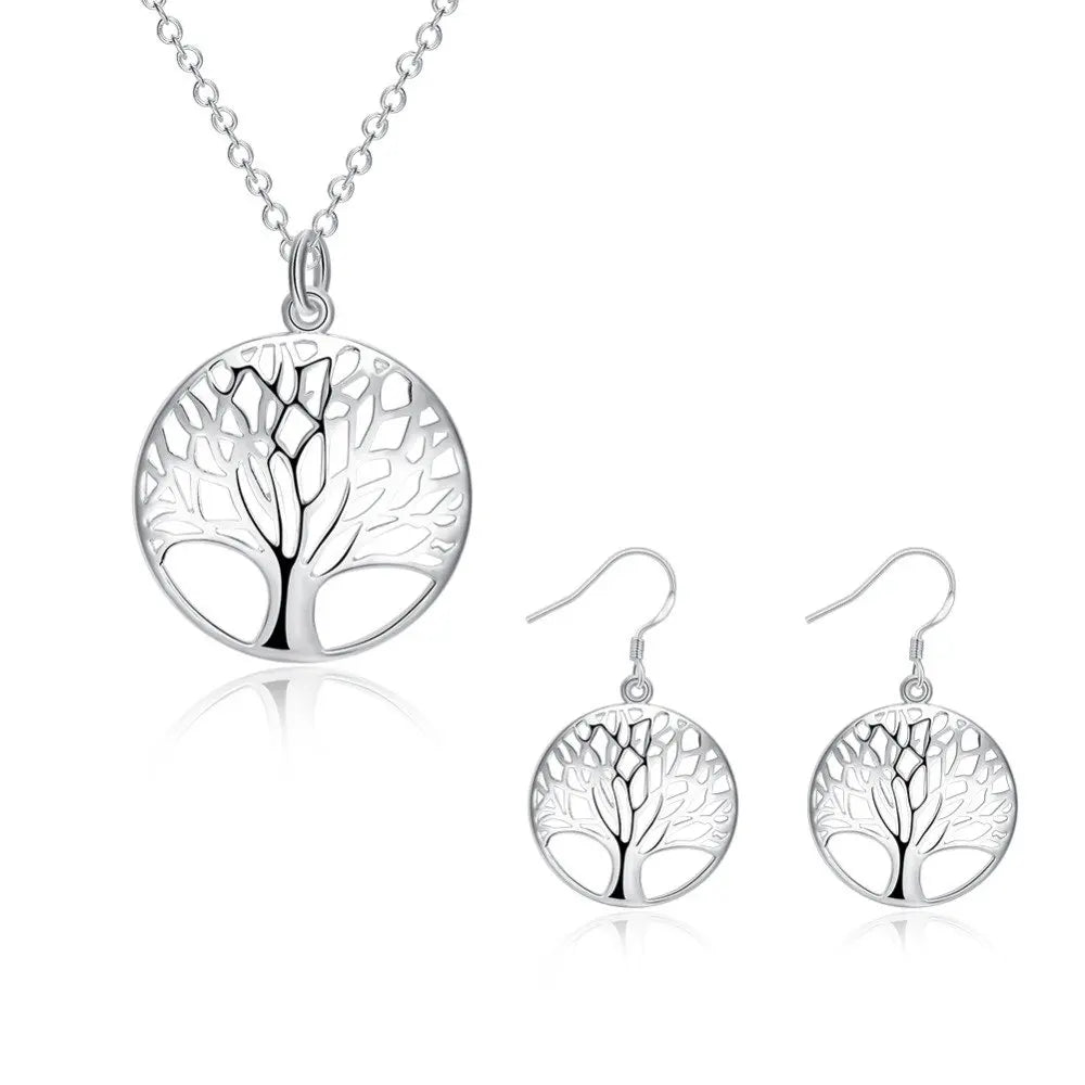 925 Sterling Silver Charm Round Tree of Life Earrings Necklace Set For Women Fashion Wedding Christmas Jewelry Set