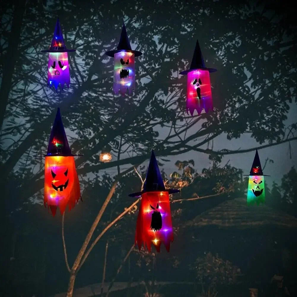 LED Halloween Decoration Flashing Light Gypsophila Ghost Festival Dress Up Glowing Wizard Ghost Hat Lamp Decor Hanging Lantern