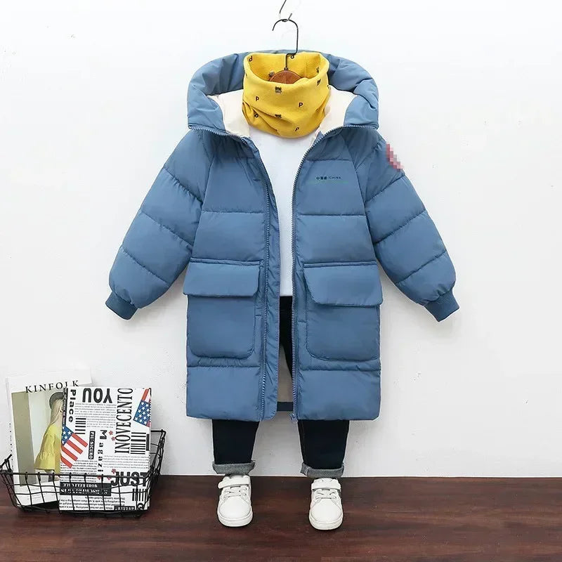 Children's hooded cotton jacket, medium length windproof jacket, warm, cold proof, solid color, winter, new fashionable down jac