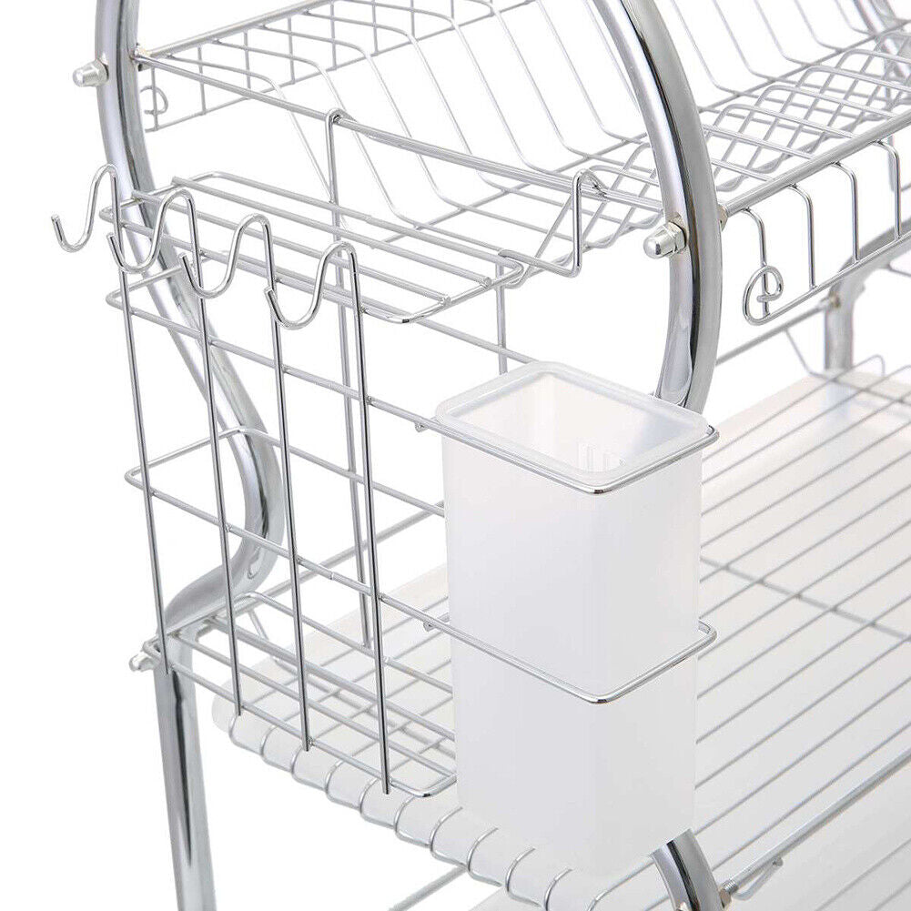 3 Tier Dish Drainer Rack with Drip Tray Kitchen Drying Rack Bowl Plate Holder UK