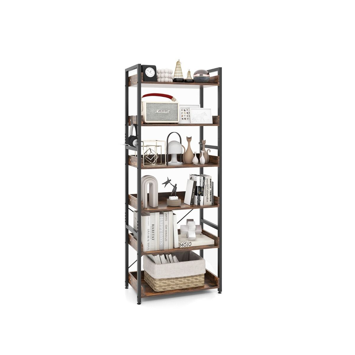 Tall 6-Tier Bookshelf with Open Shelves and 4 Hooks