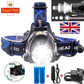 T6 Headlamp Rechargeable 350000LM LED Zoom Headlight Head Torch USB Line New UK