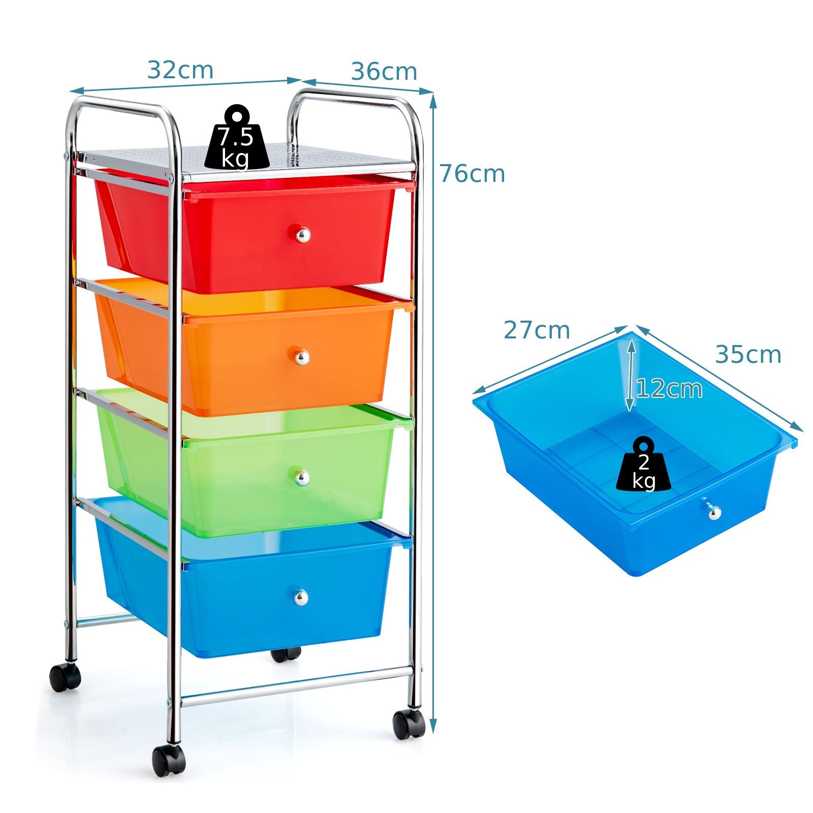 Mobile Storage Trolley on Wheels with 4 Removable Plastic Drawers