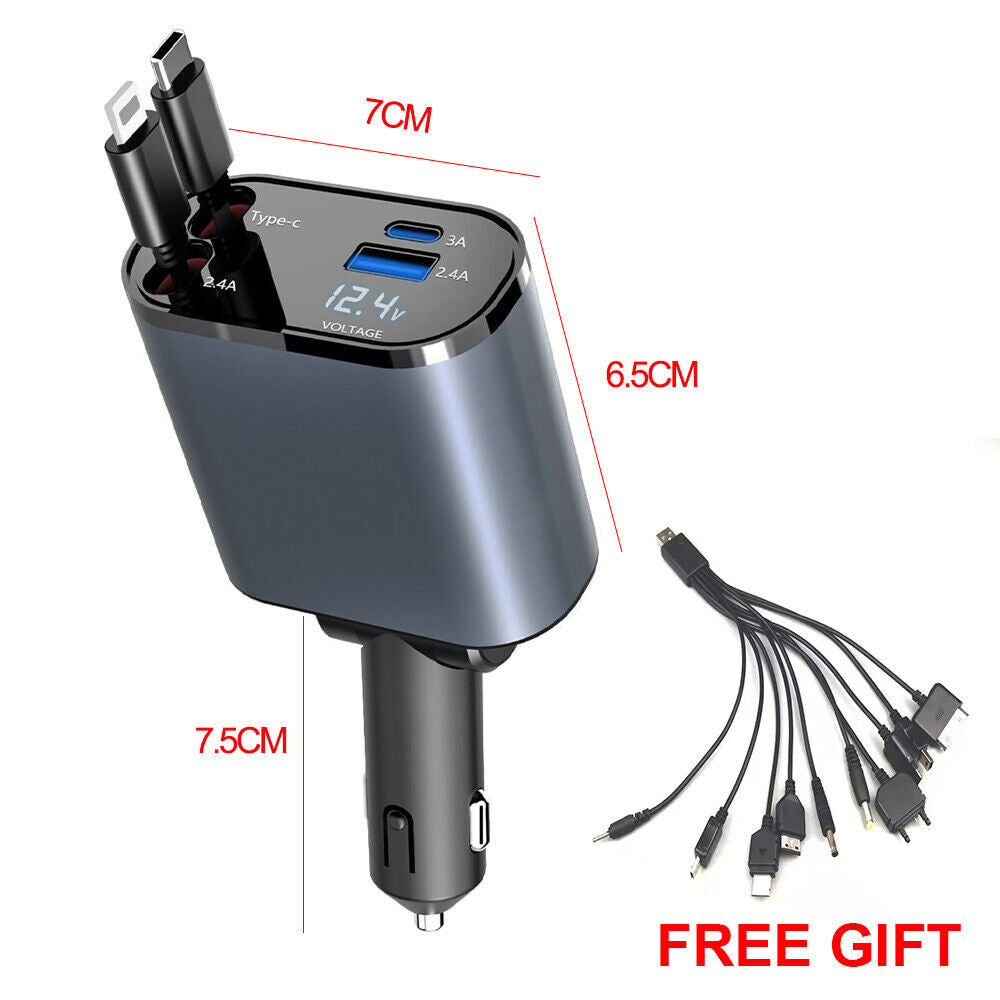 4IN1 120W Retractable Car Charger USB Type C Cable for Phone Fast Charge Adapter