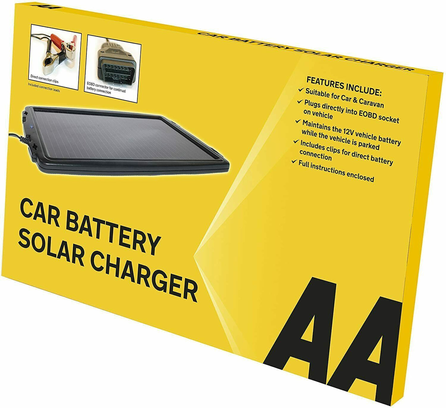 AA Solar-Powered Car & Caravan Battery Charger with Direct Connection Clips, 12V