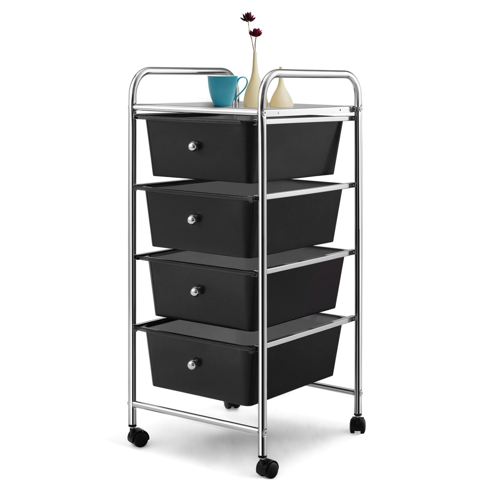 Mobile Storage Trolley on Wheels with 4 Removable Plastic Drawers