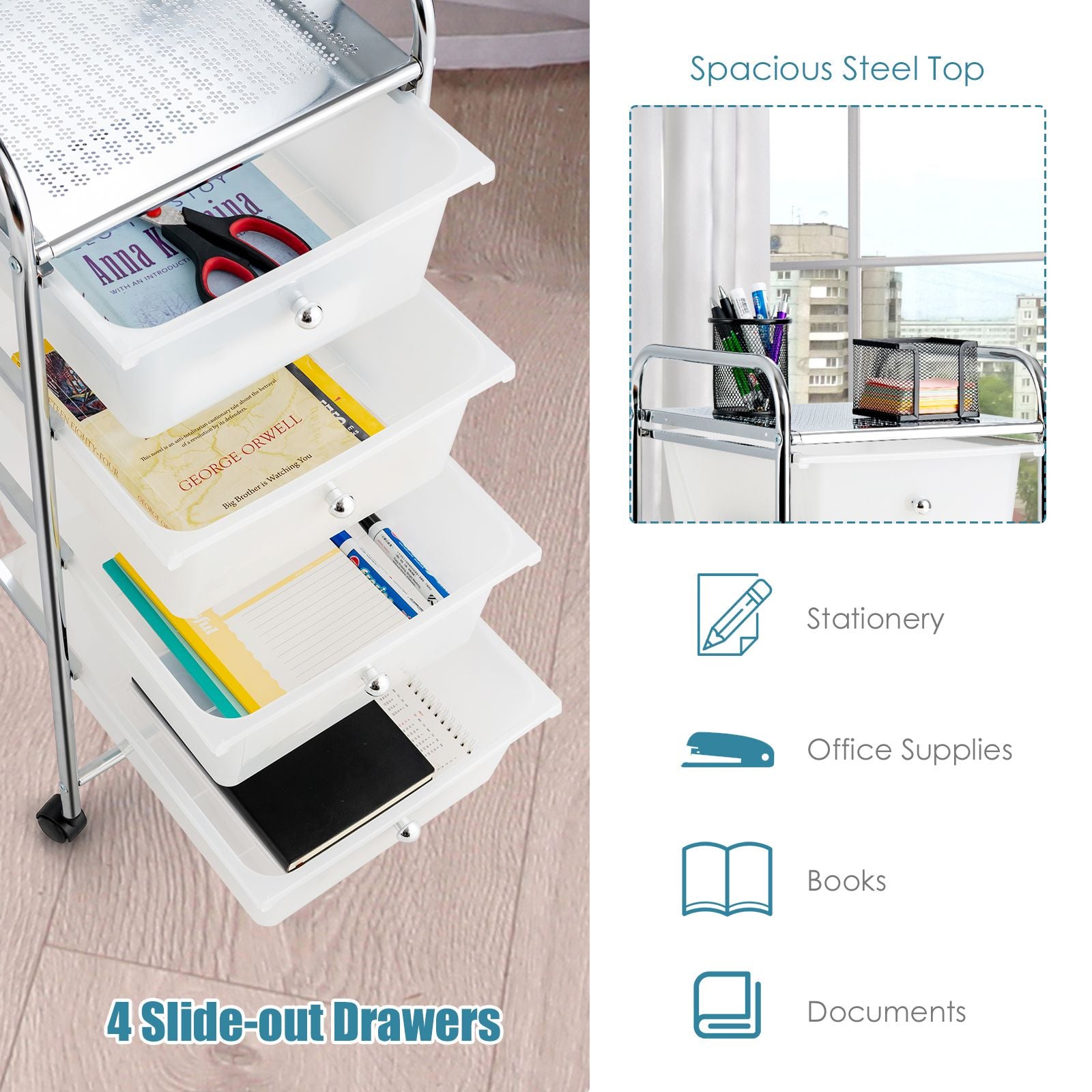 Mobile Storage Trolley on Wheels with 4 Removable Plastic Drawers