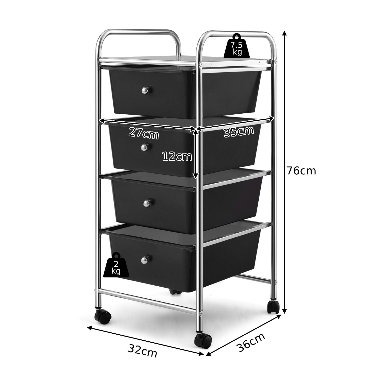 Mobile Storage Trolley on Wheels with 4 Removable Plastic Drawers