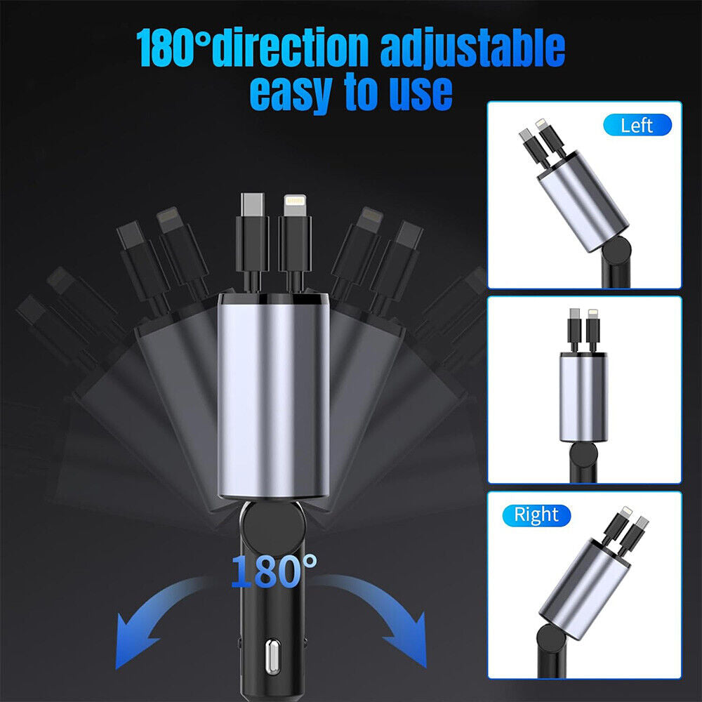 4IN1 120W Retractable Car Charger USB Type C Cable for Phone Fast Charge Adapter