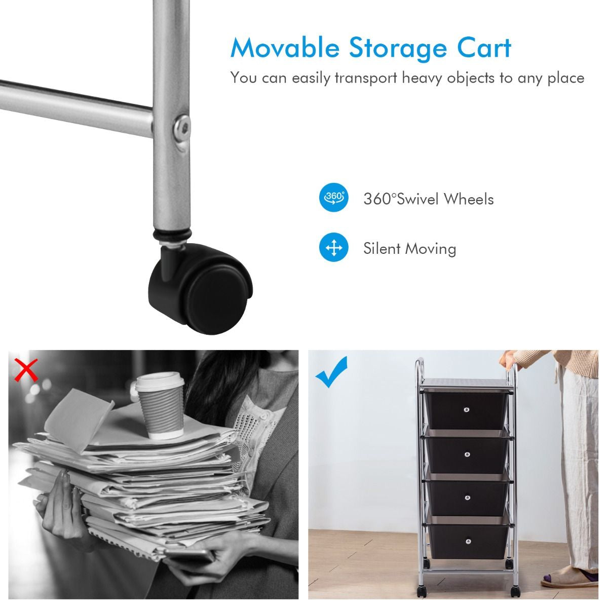 Mobile Storage Trolley on Wheels with 4 Removable Plastic Drawers