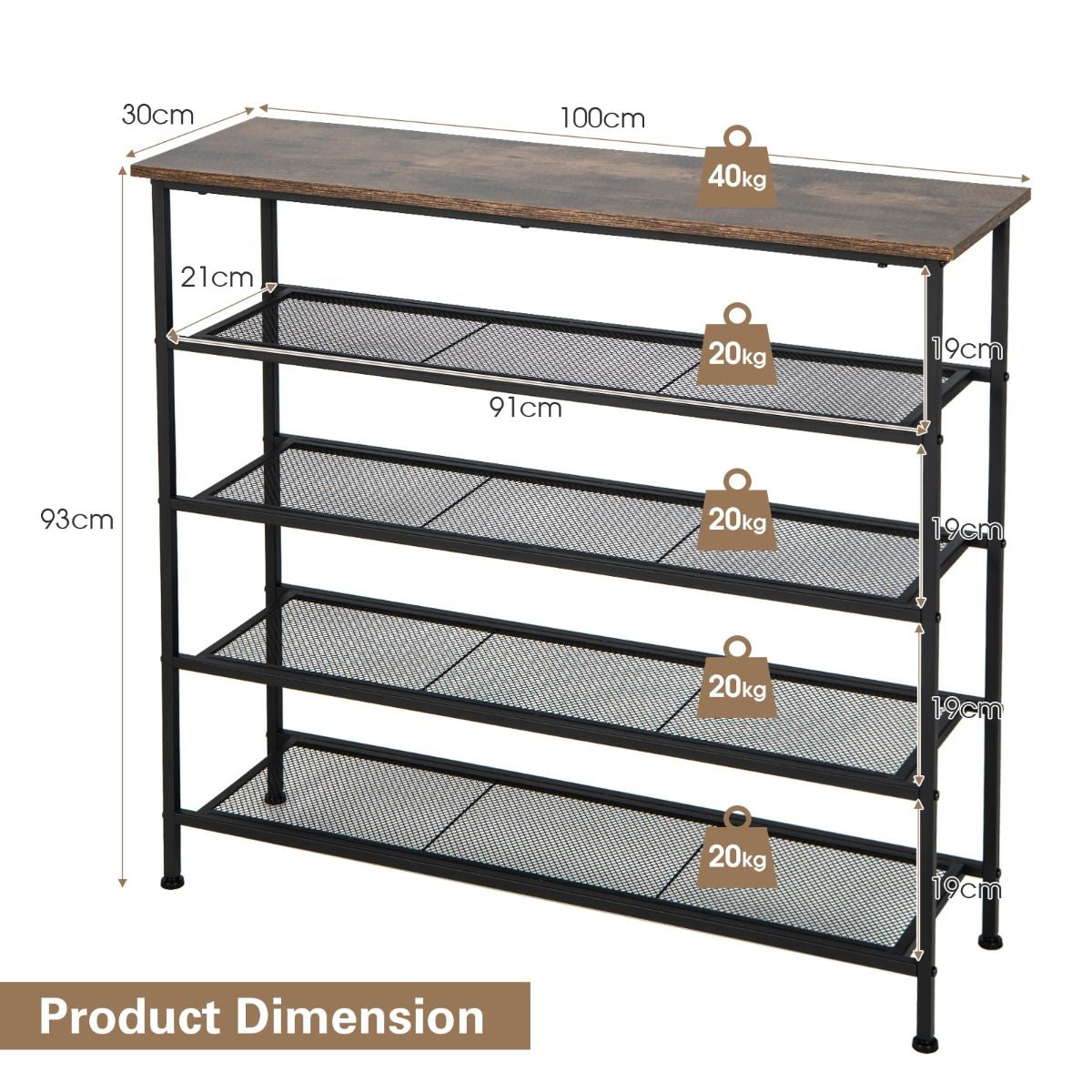 5-Tier Shoe Storage Rack with Metal Mesh Shelves and Wooden Top