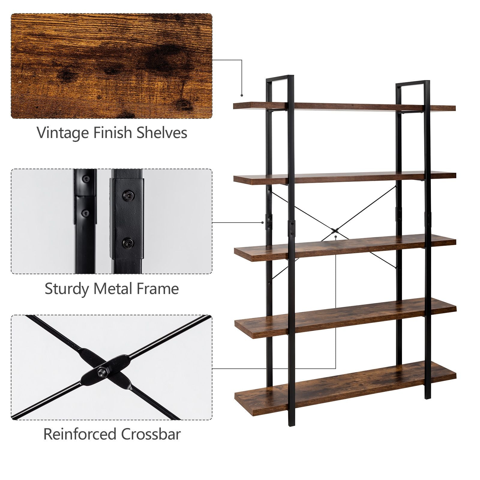 5-Tier Industrial Bookshelf with Anti-Toppling Device