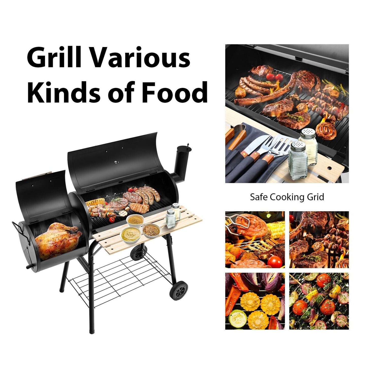 Charcoal BBQ Grill with Wheels and Shelves for Camping Picnic Party