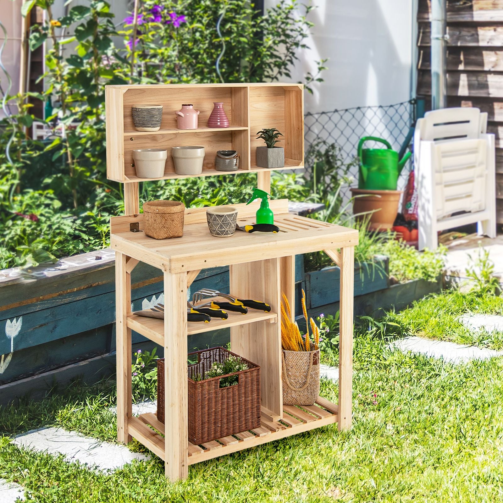 Garden Work Bench with Bottom Shelves and Top Compartments