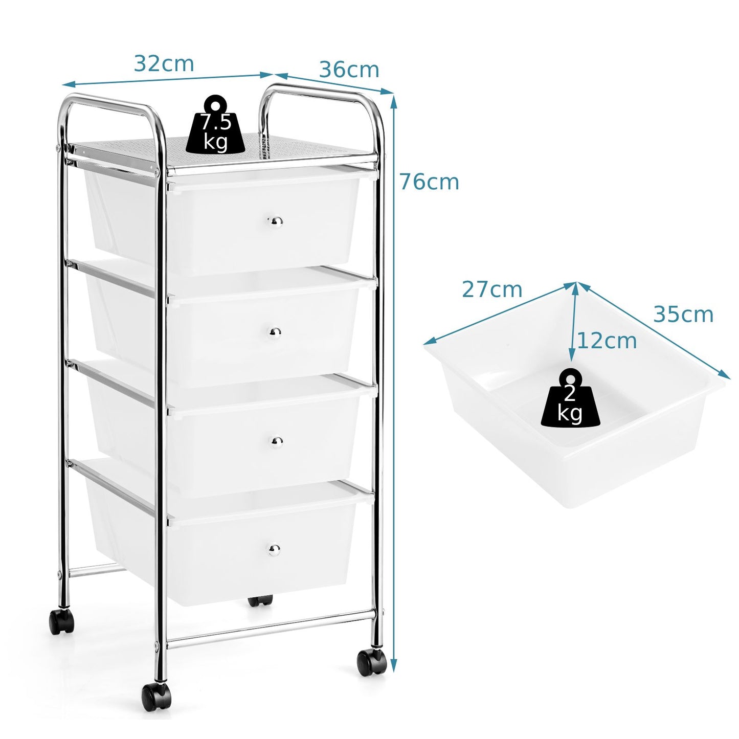 Mobile Storage Trolley on Wheels with 4 Removable Plastic Drawers