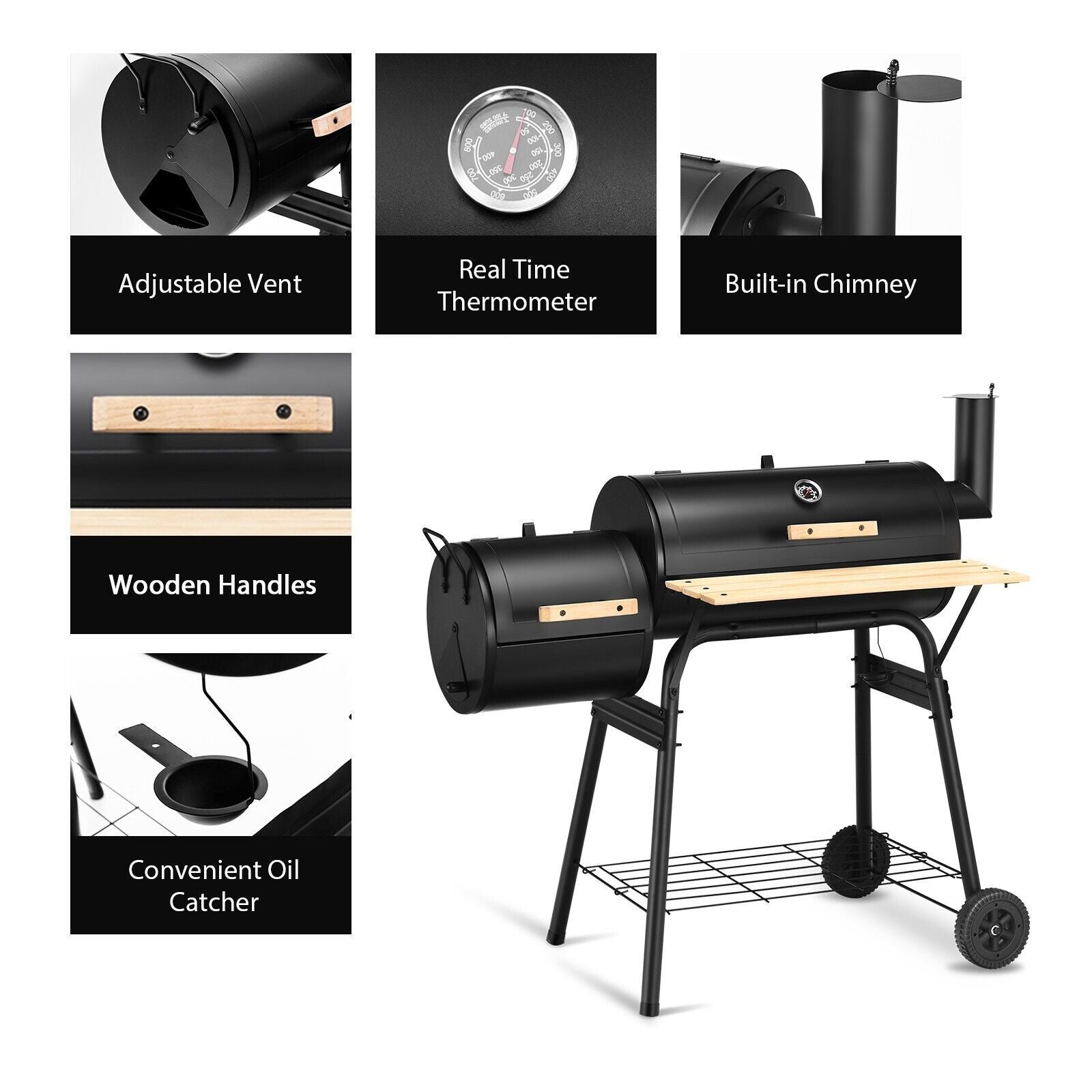 Charcoal BBQ Grill with Wheels and Shelves for Camping Picnic Party