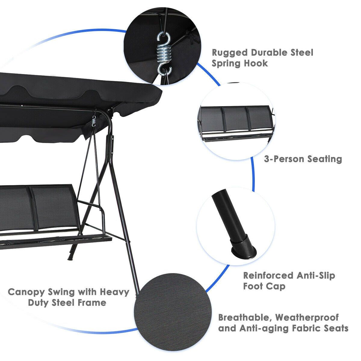 3 Seater Garden Swing Chair with Adjustable Canopy