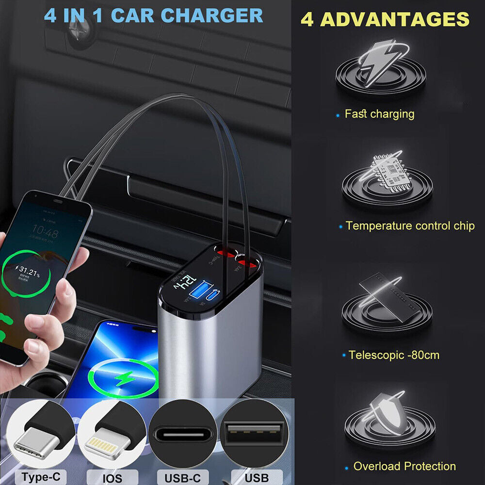 4IN1 120W Retractable Car Charger USB Type C Cable for Phone Fast Charge Adapter