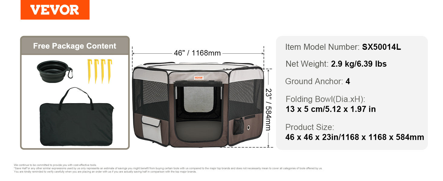 VEVOR Foldable Pet Playpen 46 Inches Portable Dog Playpen Crate Kennel for Puppy Dog Cat Premium Waterproof 600D Oxford Cloth